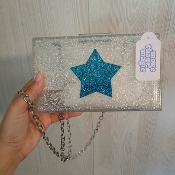 More Than Magic Star Acrylic Purse White Blue Silver Chain Convertible 7" x 4" - Picture 6 of 13